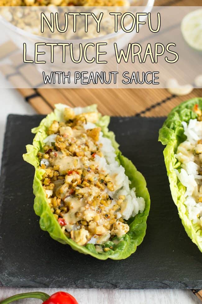 Nutty tofu lettuce wraps with rice and creamy peanut sauce - super light and healthy, and so delicious! Vegan, vegetarian, gluten-free.