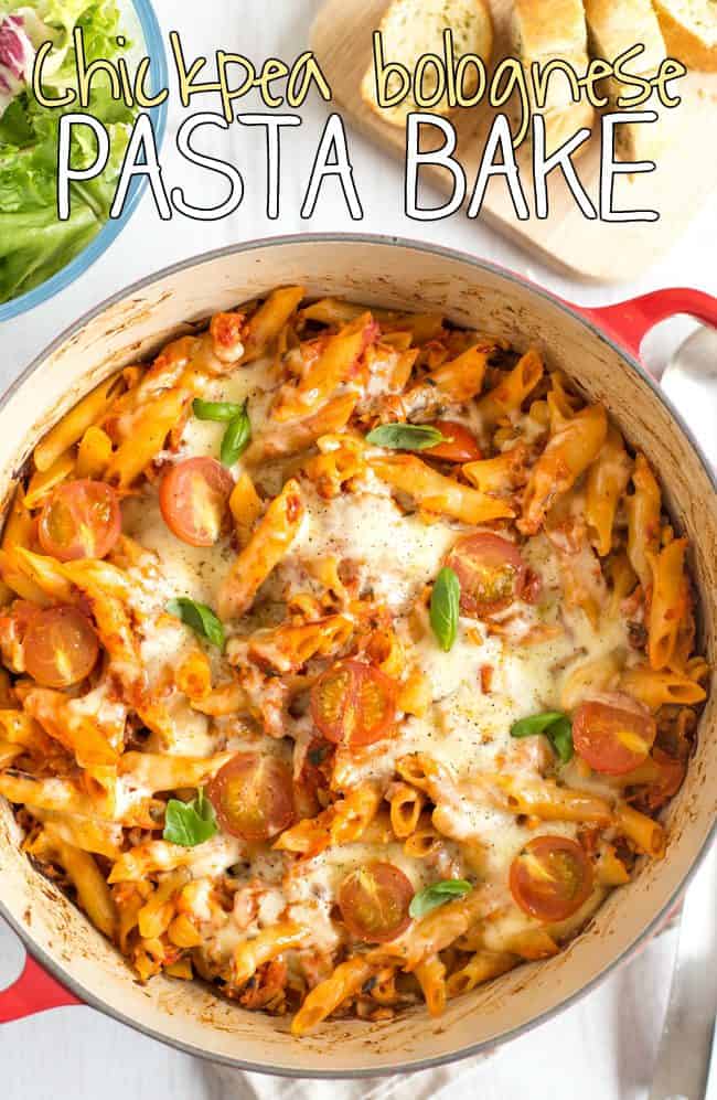 Chickpea bolognese pasta bake - so yum! With tons of hidden vegetables, and a bolognese mince made of blitzed chickpeas! A great vegetarian family meal, or one to batch cook for the freezer.