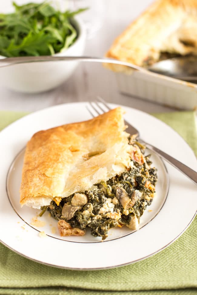 Spanakopita pot pie - the perfect way to use up a scrap of leftover puff pastry, with a creamy vegetarian spinach and feta filling!