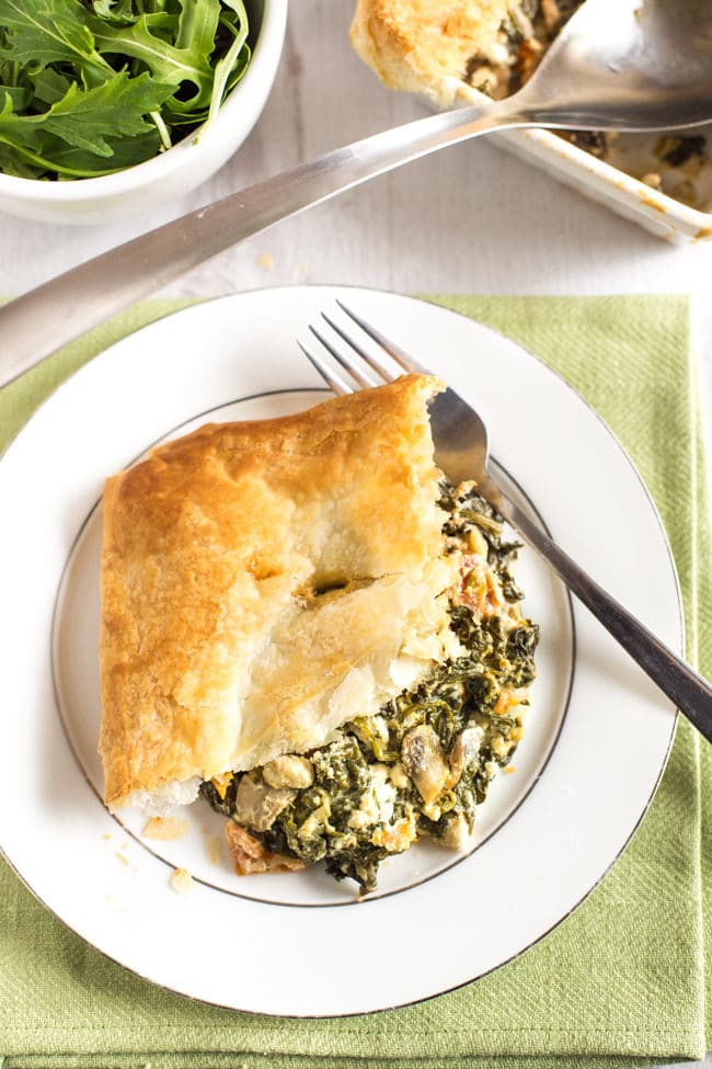 Spanakopita pot pie - the perfect way to use up a scrap of leftover puff pastry, with a creamy vegetarian spinach and feta filling!