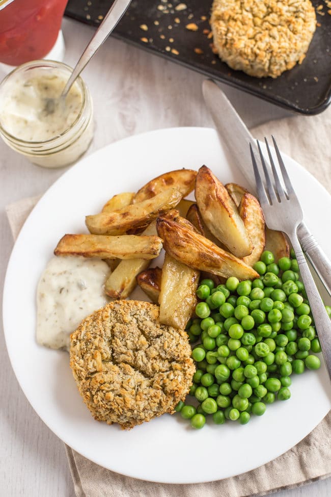 Vegetarian 'fishcakes' - quick and easy to make, and perfect served with chips, peas and tartar sauce!