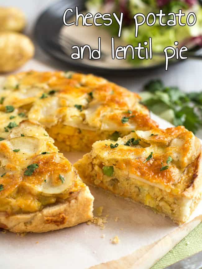 Cheesy potato and lentil pie - this tasty vegetarian pie comes together in just 30 minutes, and it's so yum! Full of protein and veggies, but it still feels really indulgent.