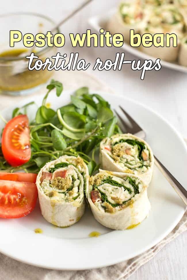 Pesto white bean tortilla roll-ups - these are quick and easy to make, but they're so creamy and have so much flavour! Perfect for a vegetarian lunchbox or as party food.