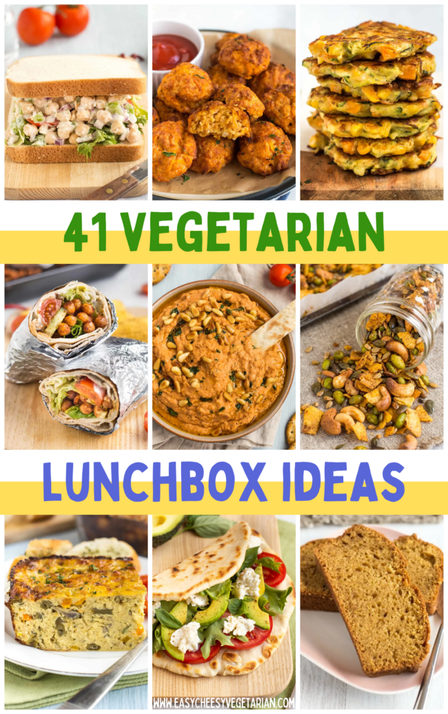 A collage showing vegetarian lunchbox ideas.