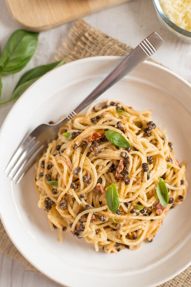 Smoky lentil carbonara - with tasty sun-dried tomatoes and puy lentils. An easy, vegetarian version of a spaghetti carbonara!