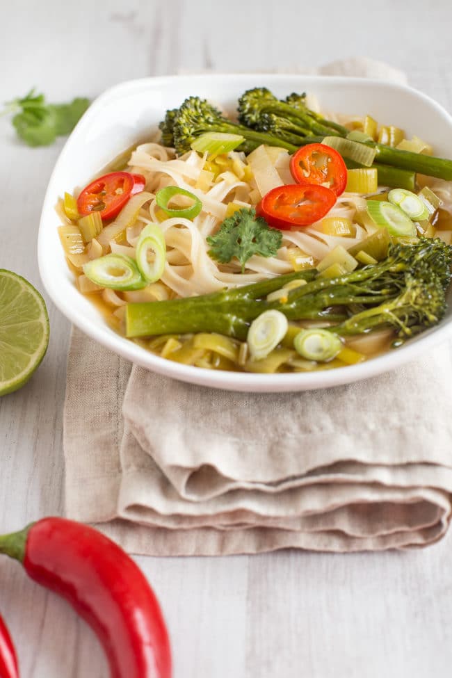Asian broccoli noodle soup - a slurpy noodle soup with Tenderstem broccoli, leeks and rice noodles. Such a tasty vegan broth!