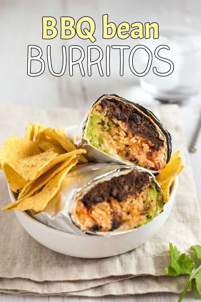 BBQ bean burritos - super tasty vegetarian burritos stuffed with BBQ black beans, spicy tomato rice, mashed avocado and cheese! So easy, and so full of flavour.
