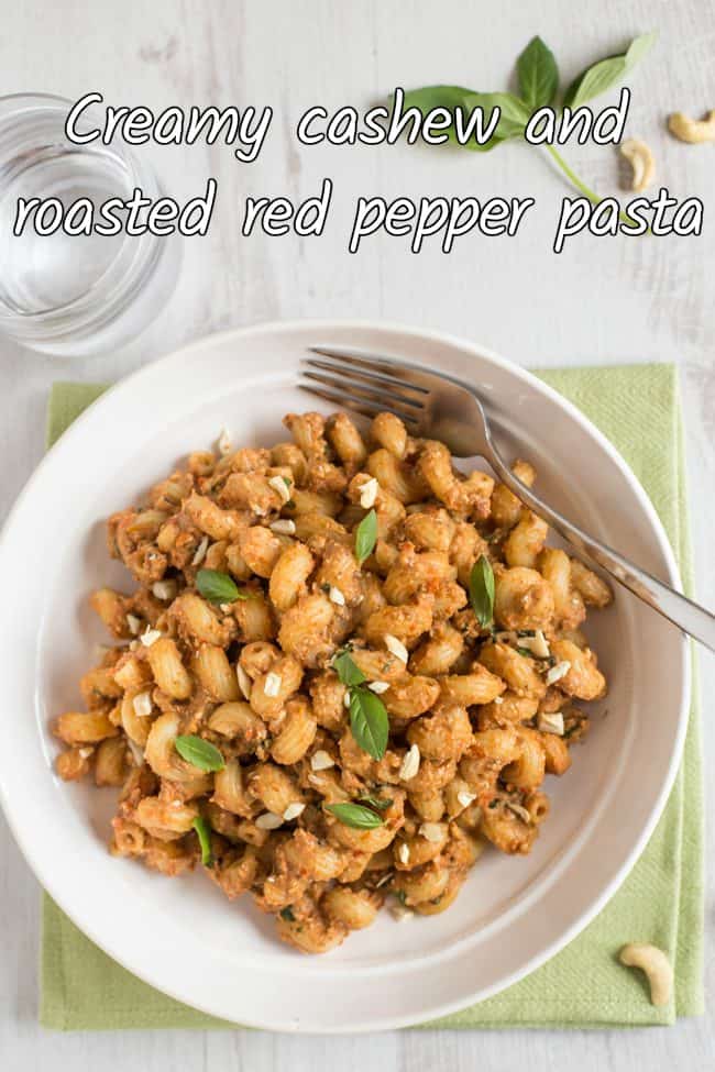 Creamy cashew and roasted red pepper pasta - this creamy pasta sauce is so easy to make, and it has a secret ingredient to make it extra creamy! #vegan #vegetarian #veganpasta