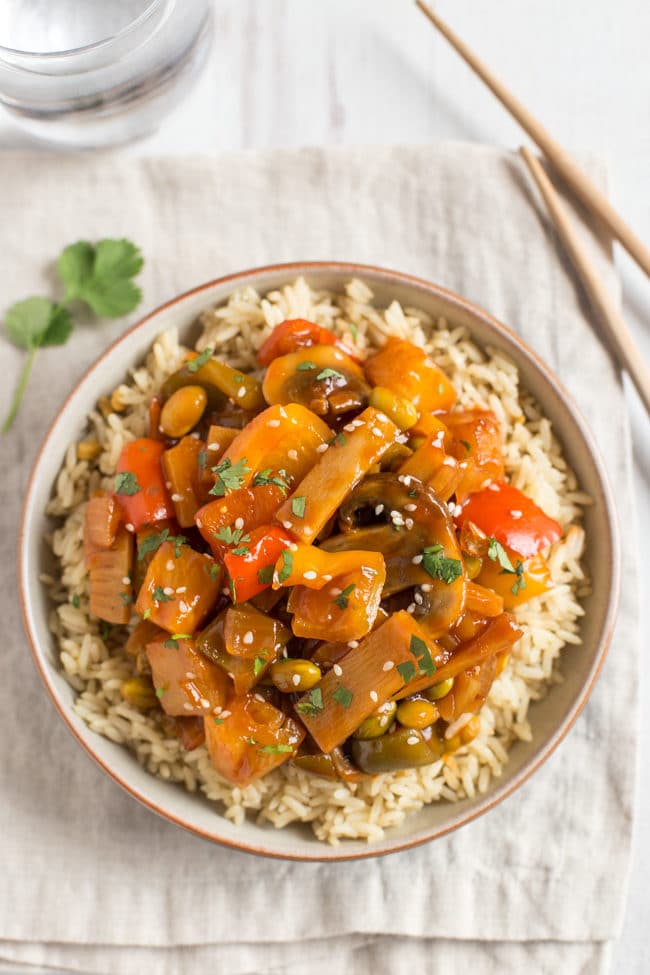 Easy homemade sweet and sour sauce - serve over veggies and your favourite protein for a tasty Chinese inspired feast! Vegetarian and vegan.