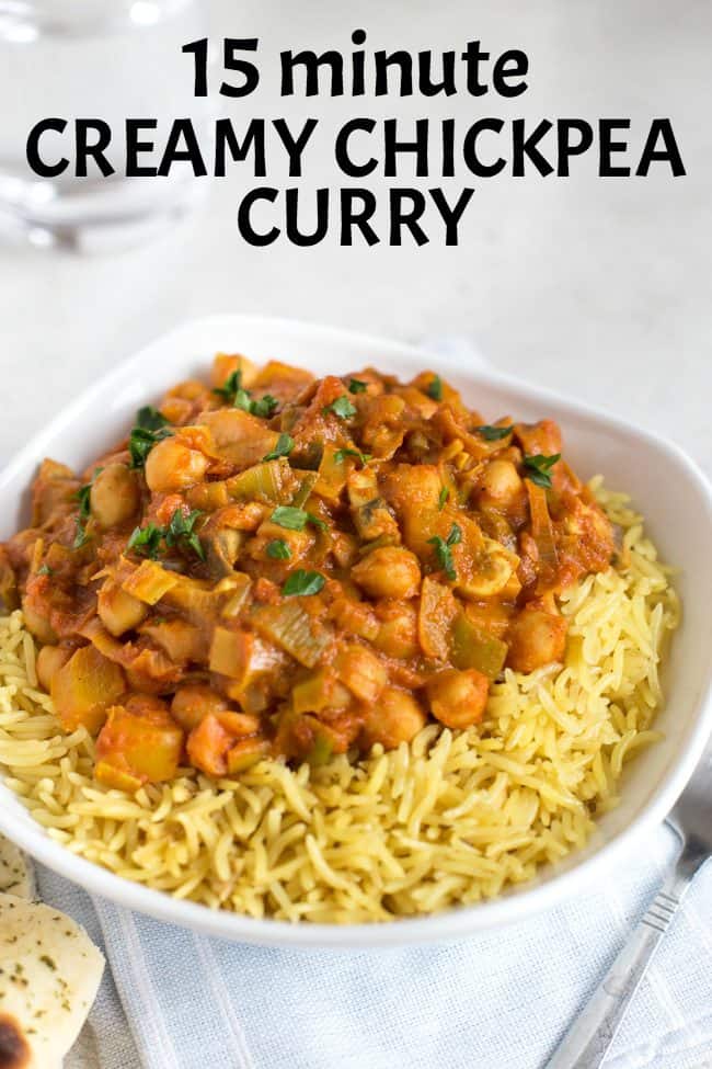 15 minute creamy chickpea curry - an easy vegetarian curry in record time! Perfect student food.