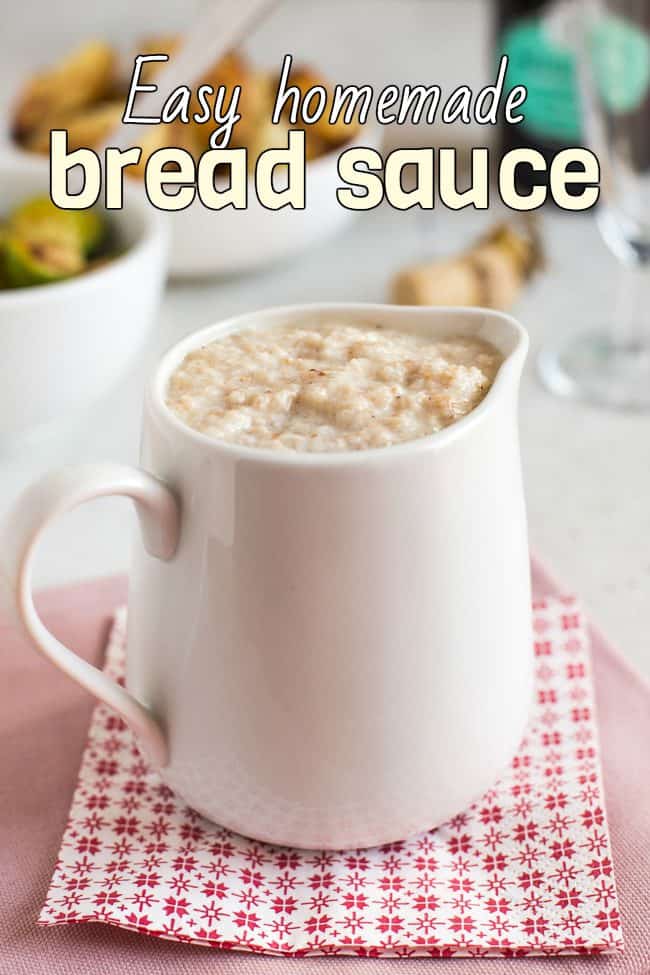 Homemade bread sauce in a white jug.