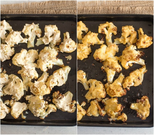 A collage showing a before and after of cauliflower being roasted in hummus