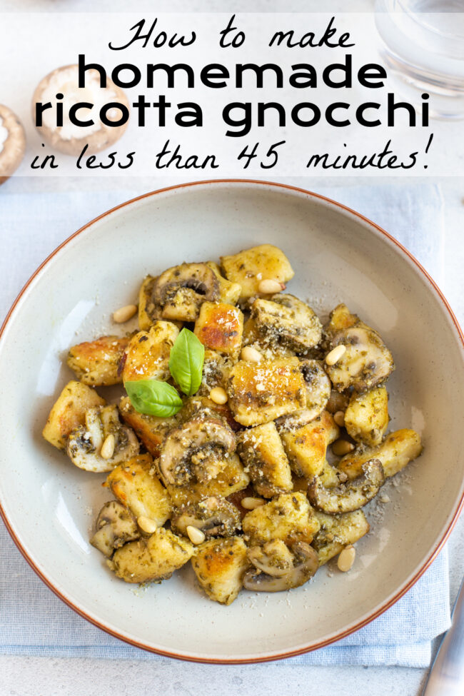 A portion of fried ricotta gnocchi with mushrooms and pine nuts.
