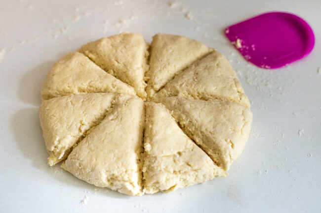 A circle of ricotta gnocchi dough cut into eighths.