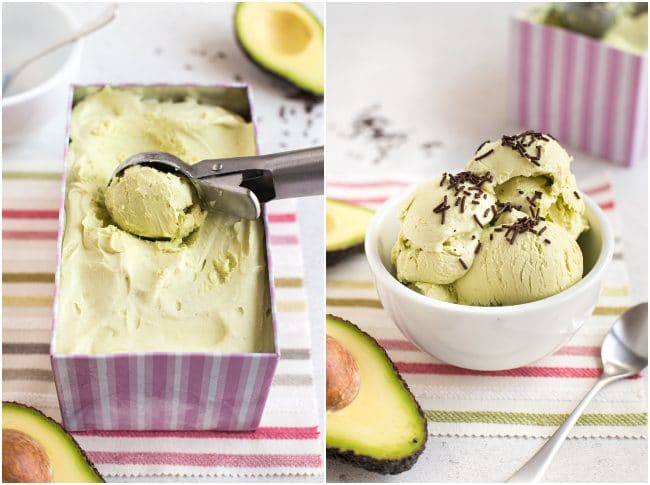 Collage showing avocado ice cream in a pink tub and in a bowl with chocolate sprinkles