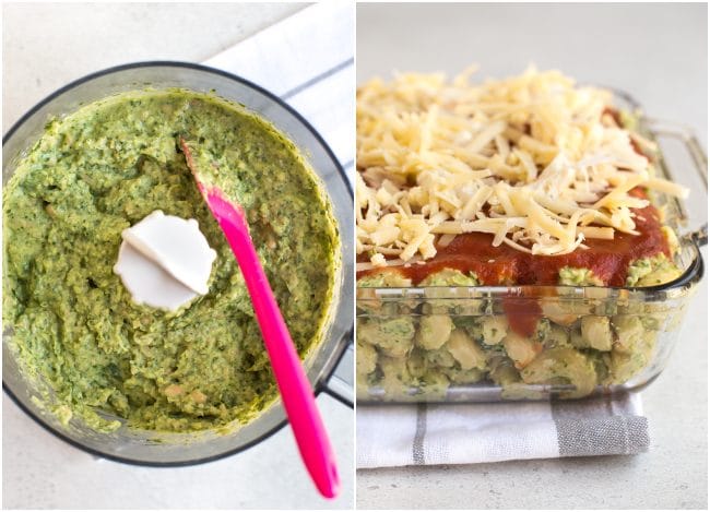 Collage showing creamy spinach sauce and uncooked cheesy pasta bake