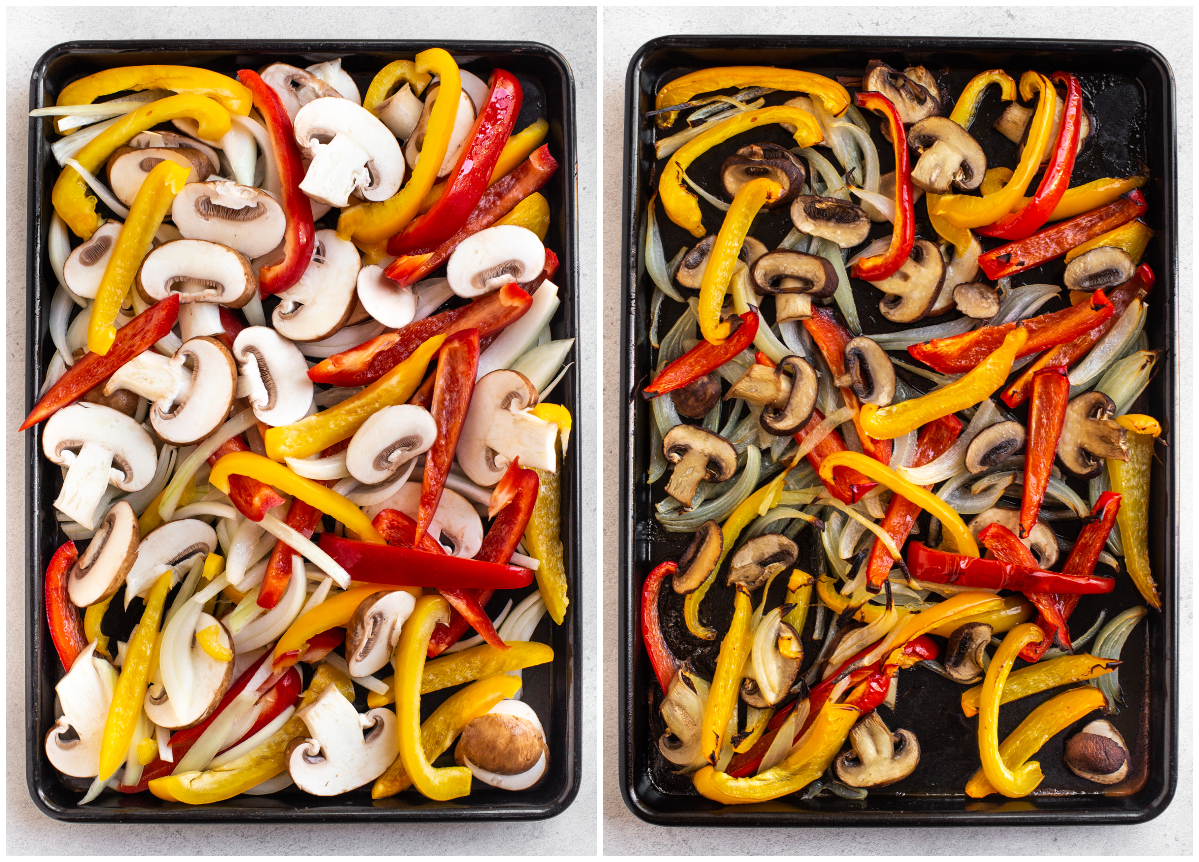 A collage showing fajita vegetables roasting on a tray.