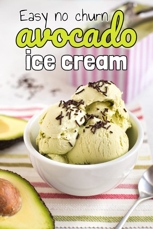 Green avocado ice cream with chocolate sprinkles in a white bowl