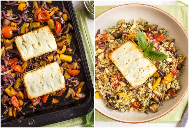 Collage showing roasted feta on a baking tray with roasted vegetables, and on top of vegetable quinoa