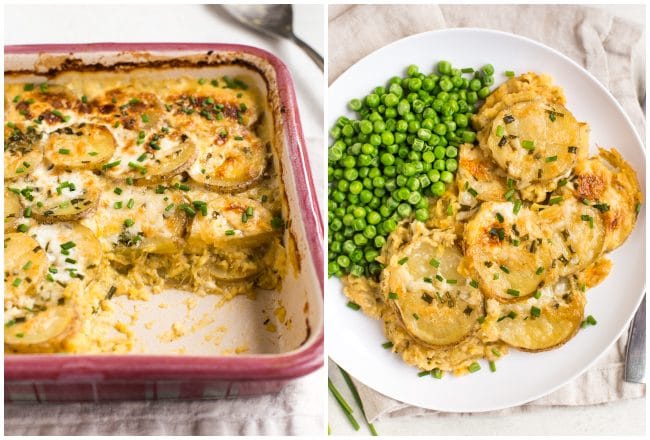 Collage showing cheesy lentil and potato gratin in a baking dish and on a plate