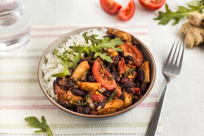 Madagascan bean stew in a bowl with rice