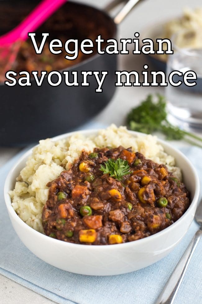 Portion of vegetarian savoury mince in a bowl with mashed potato