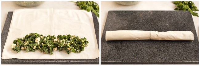 Collage showing sheets of filo pastry being rolled up with spanakopita filling