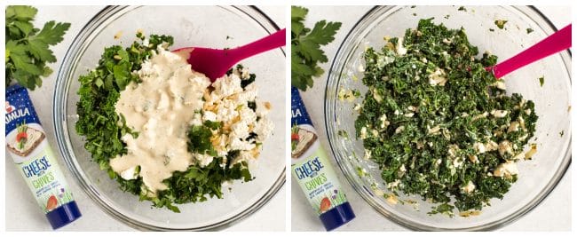 Collage showing kale spanakopita filling being mixed in a bowl