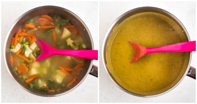 Collage showing vegan vegetable gravy before and after being blended