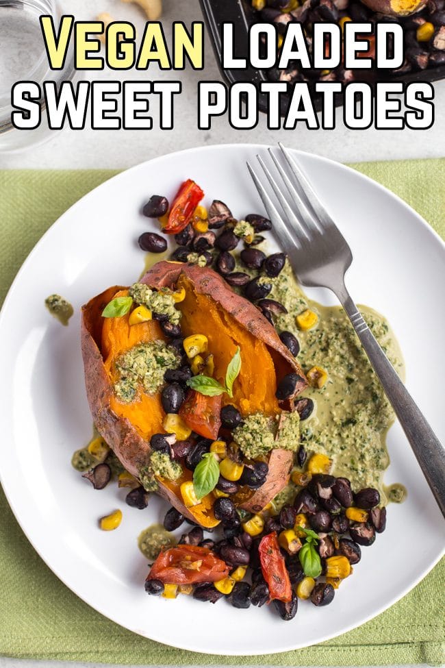 A vegan loaded sweet potato on a plate with a fork