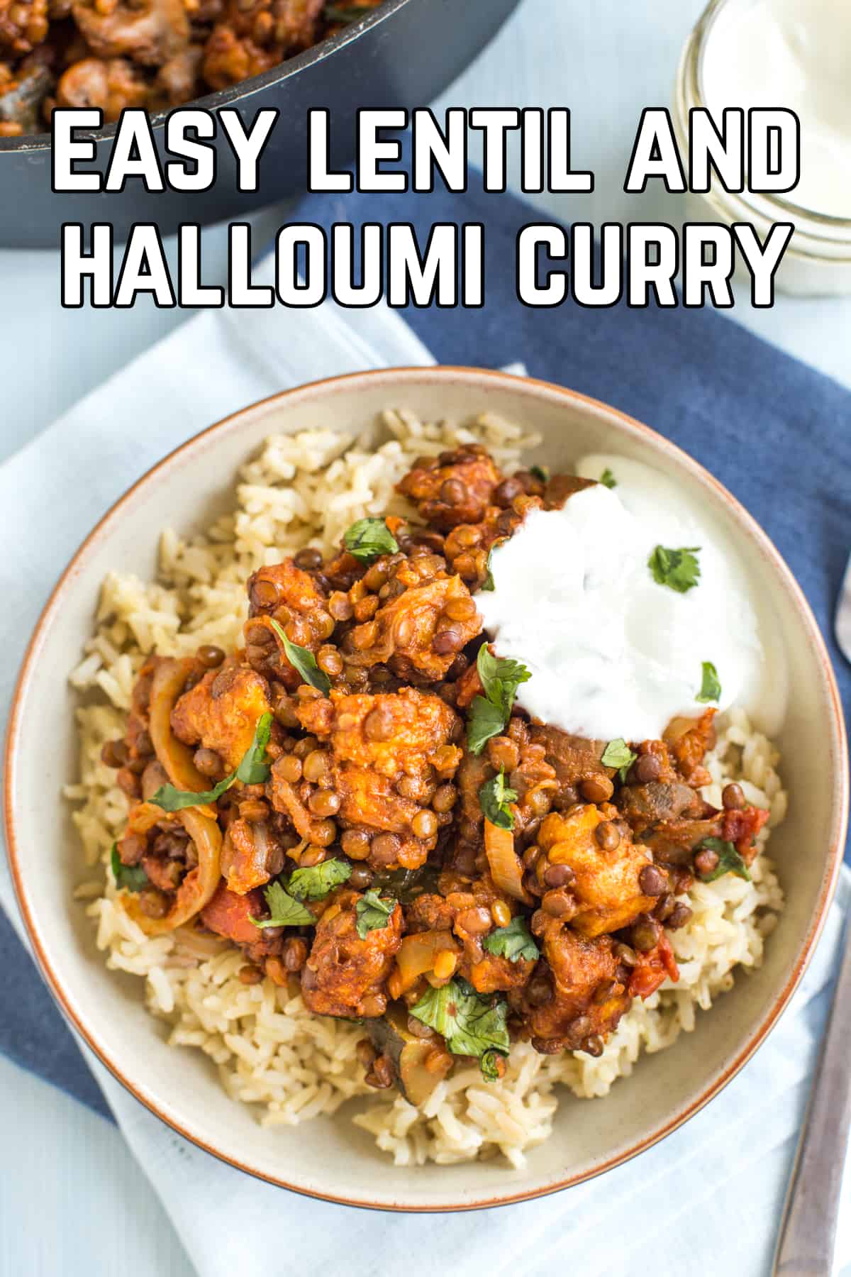 Portion of lentil and halloumi curry in a bowl with rice and yogurt
