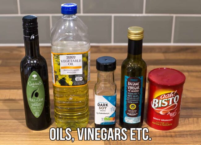 Selection of oils and vinegars on a counter