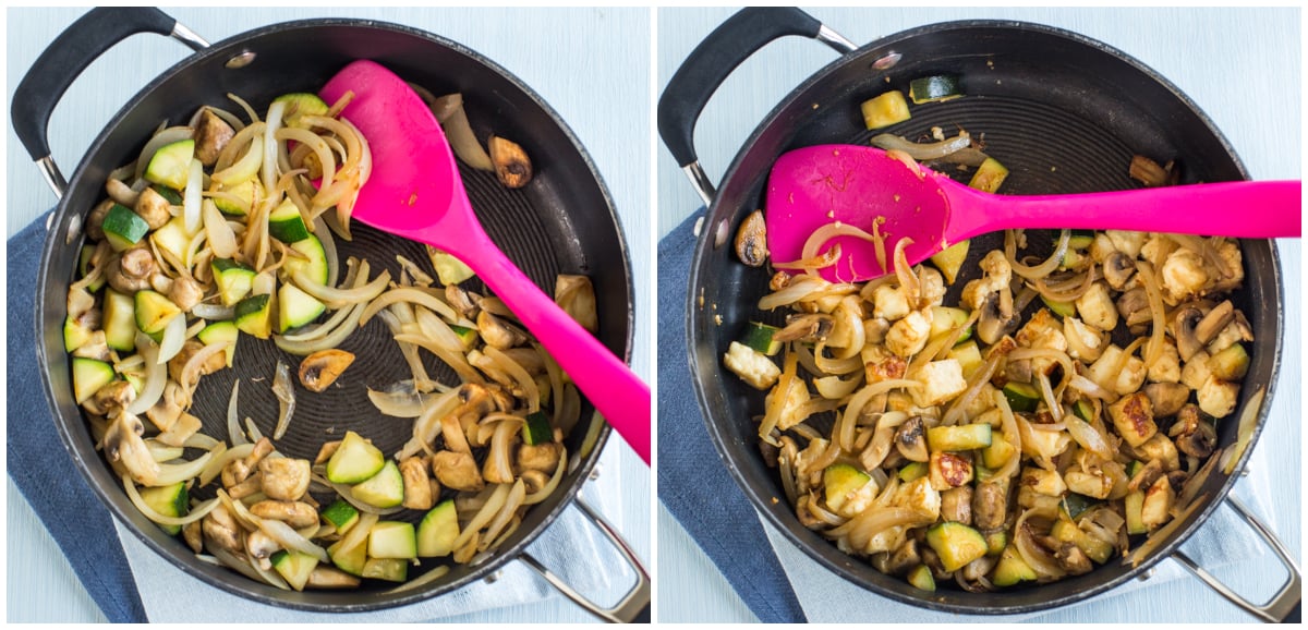 Collage showing vegetables and halloumi cooking in a pan
