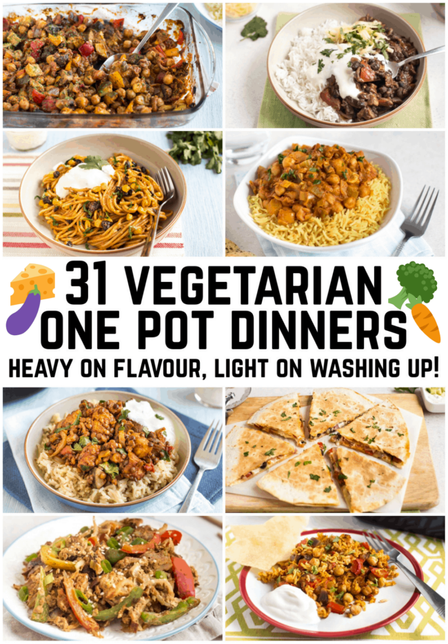 Collage showing 8 different vegetarian one pot dinners
