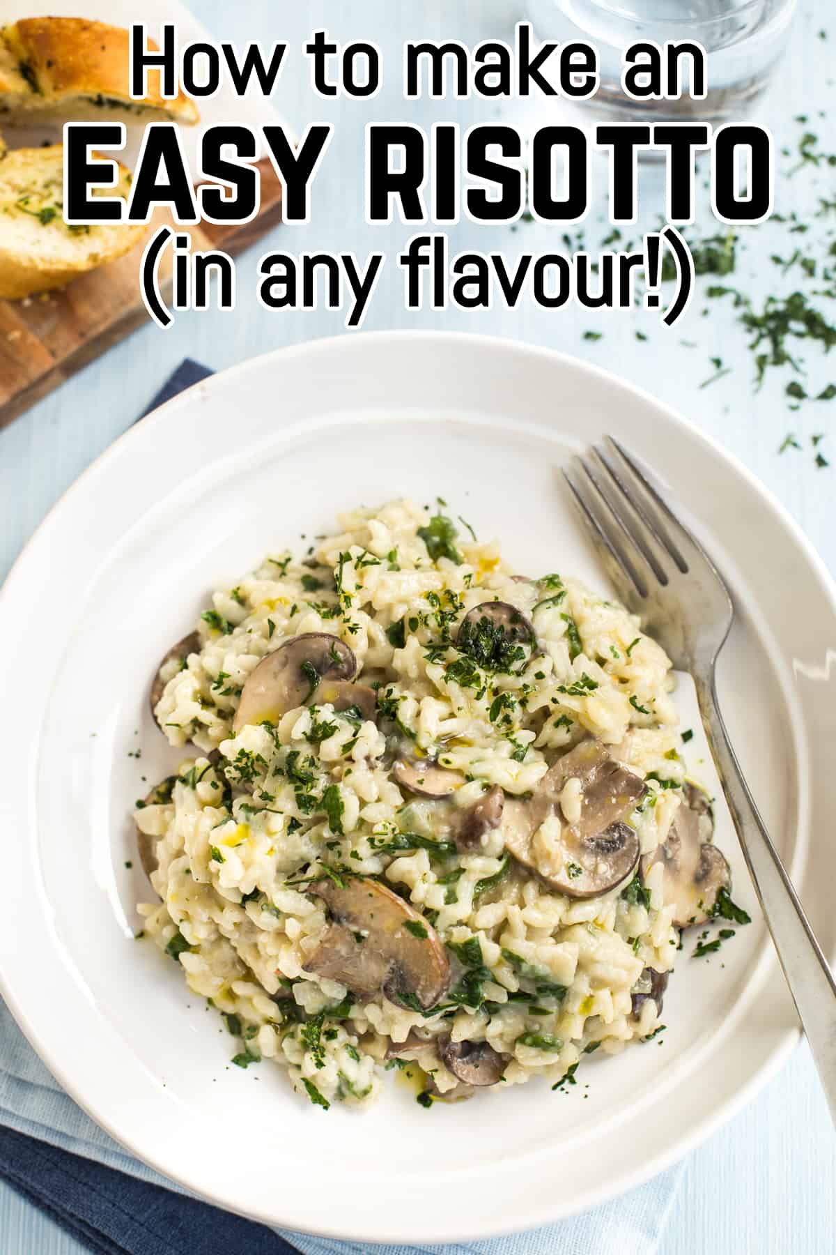 Portion of mushroom risotto in a bowl with a fork.