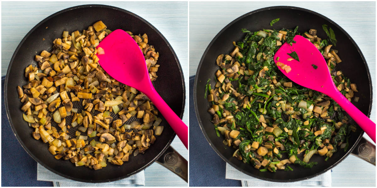 Collage showing mushrooms and spinach being cooked in a frying pan.