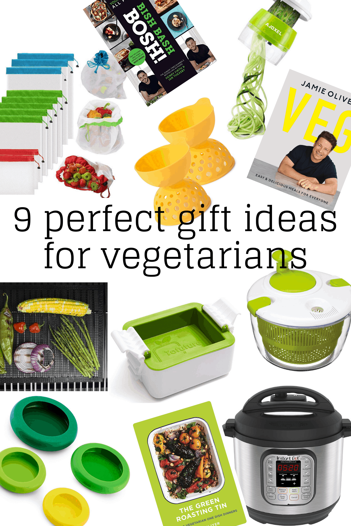 A collage showing 9 perfect gift ideas for vegetarians.