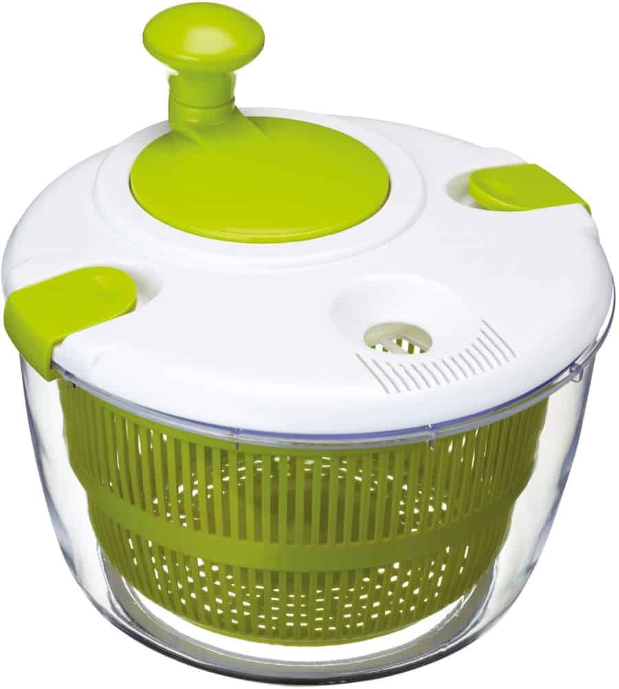 A green and white OXO salad spinner.
