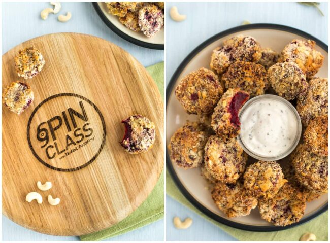 Collage showing crispy beetroot nuggets with a creamy dipping sauce.