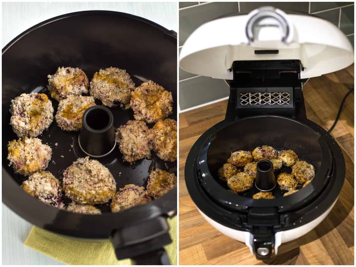 Collage showing beetroot nuggets being cooked in a Tefal Actifry air fryer.