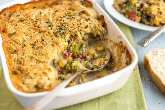 A creamy vegetable bake in a baking dish.