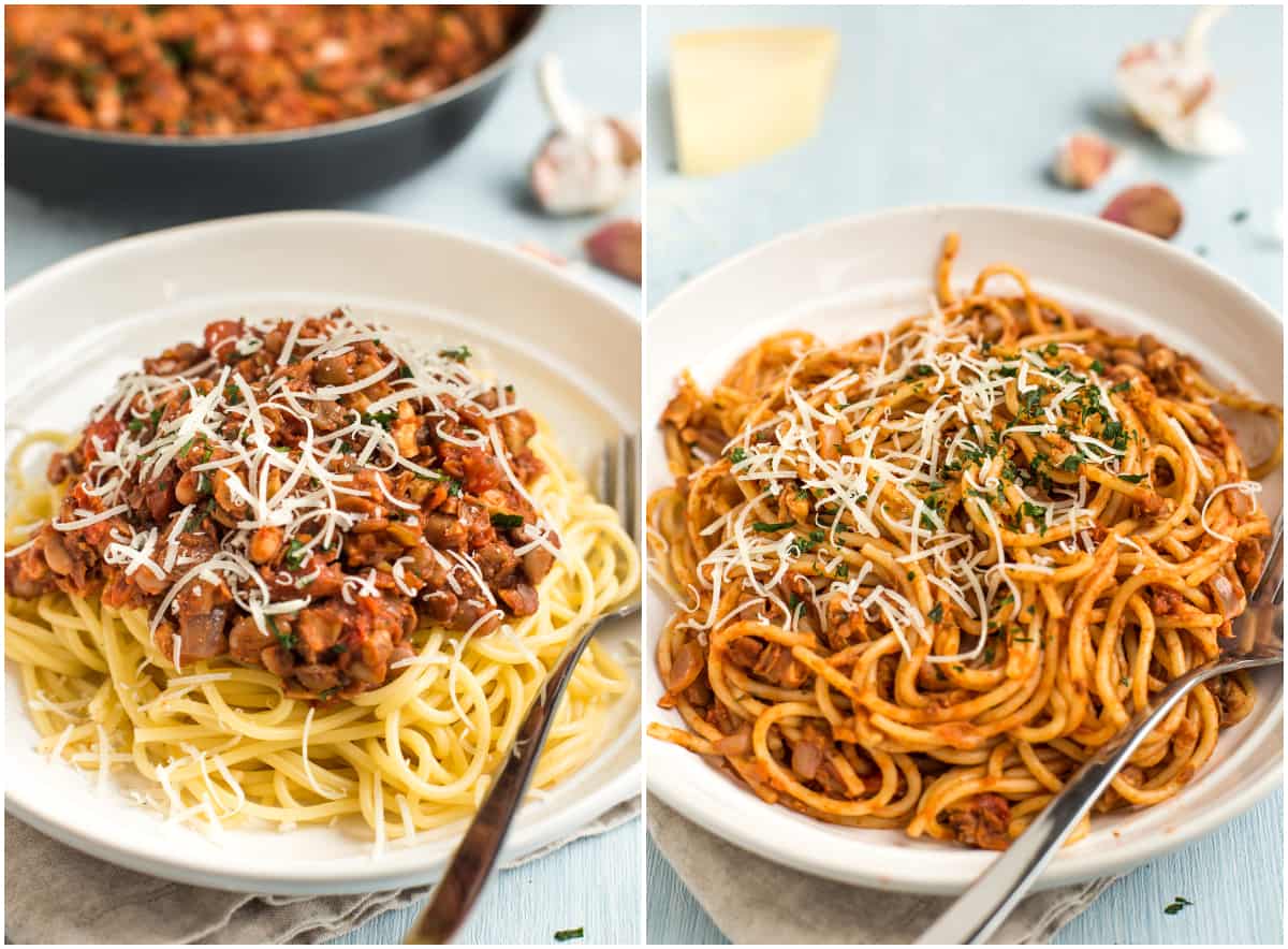Collage showing vegan bolognese sauce neatly placed on top of a bowl of spaghetti, and all mixed in.