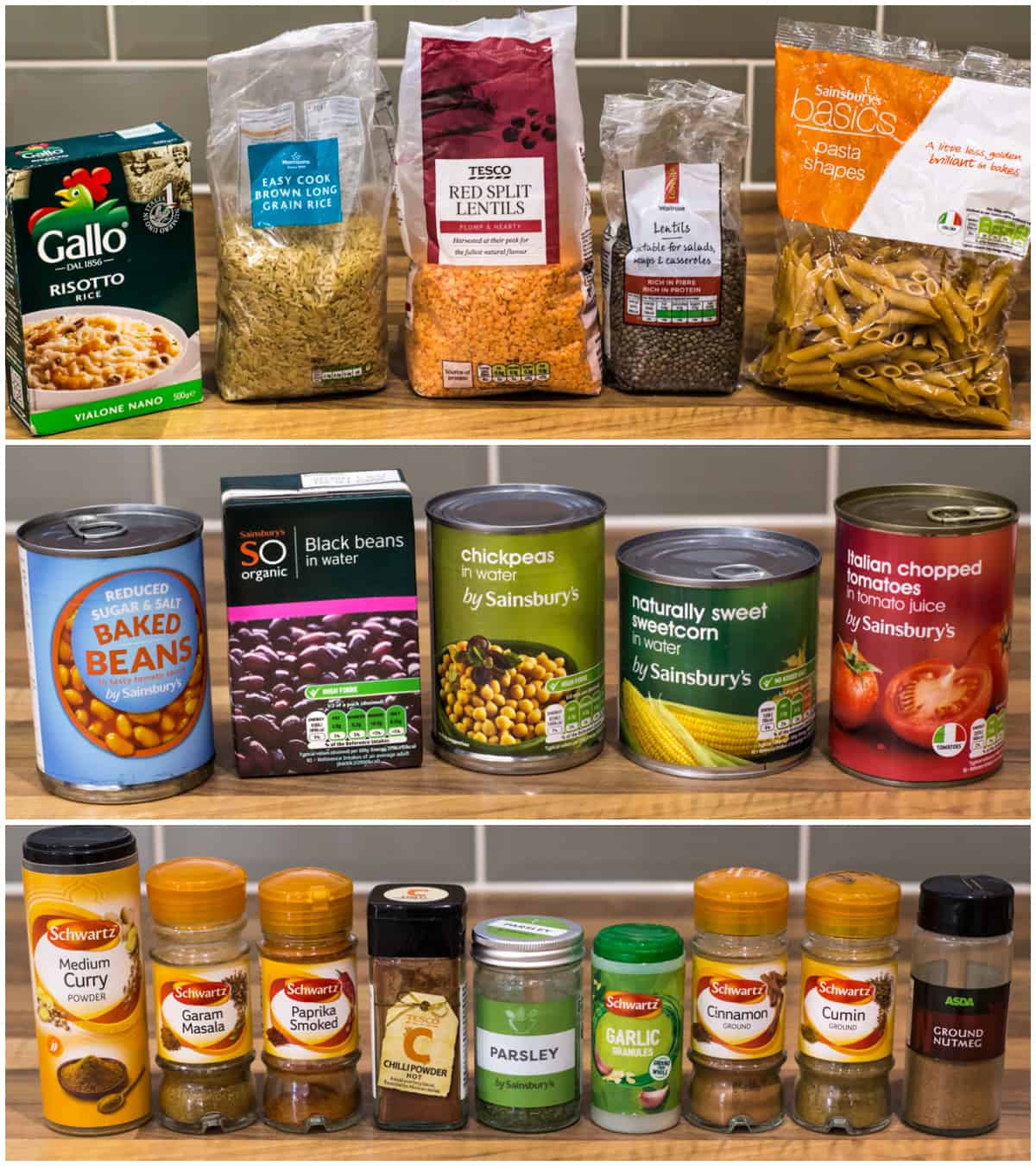 Vegetarian pantry items, grouped by type.