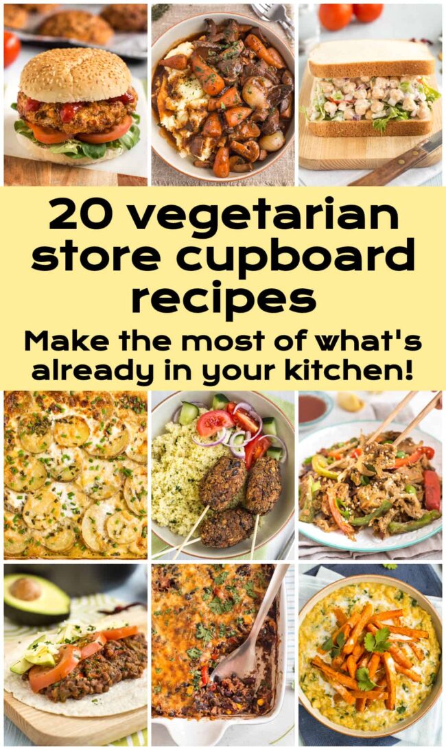 Collage showing various vegetarian store cupboard recipes.
