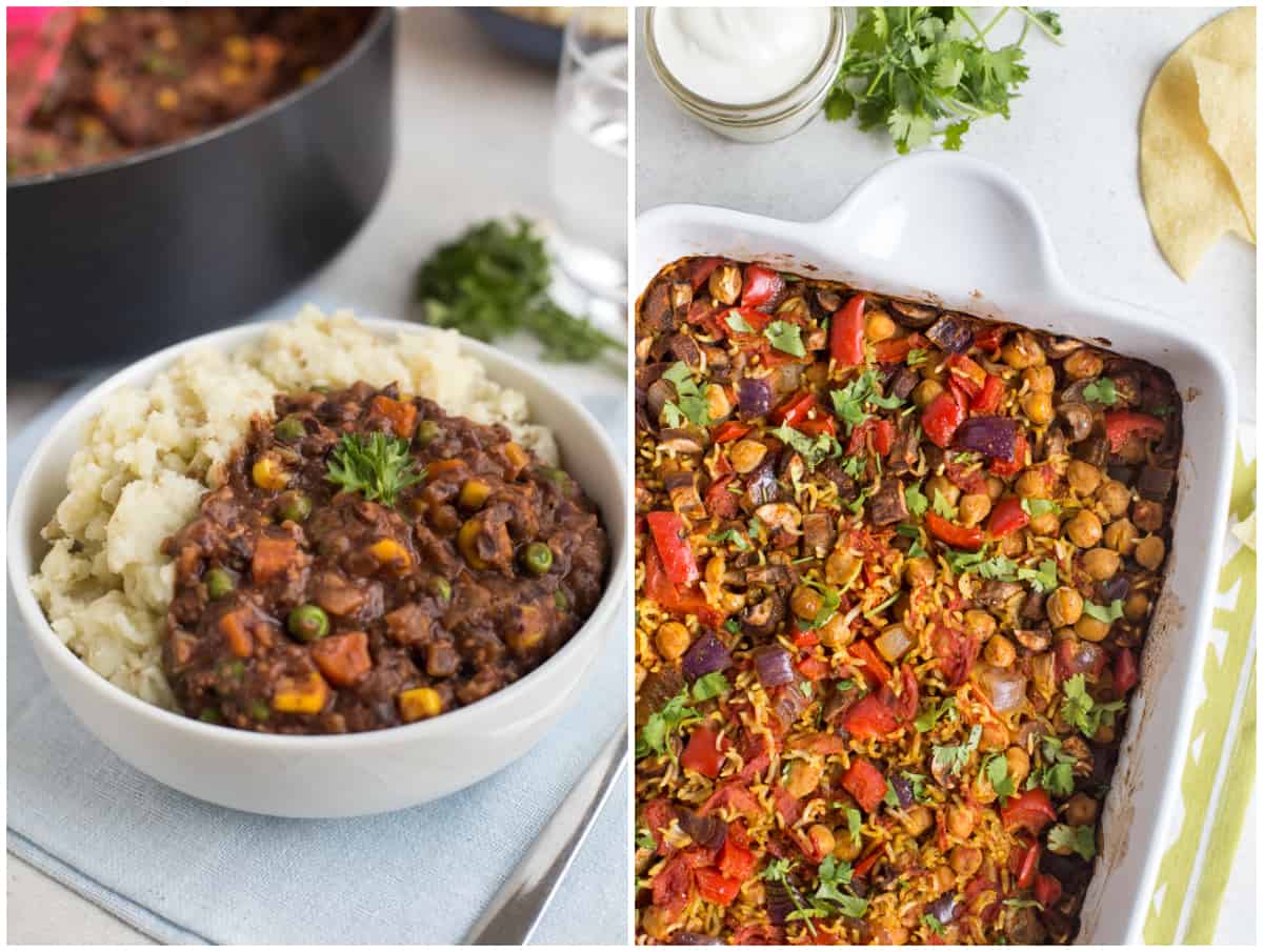 Vegetarian savoury mince and chickpea curry rice bake.
