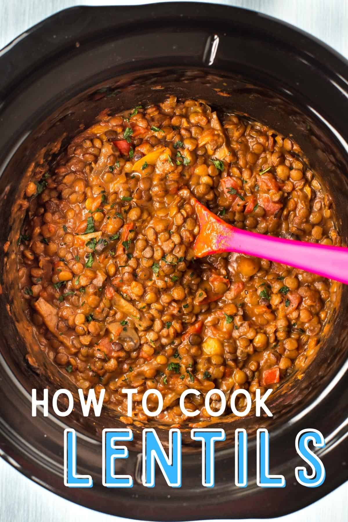 A pot of tasty cheesy lentils cooking in a slow cooker.