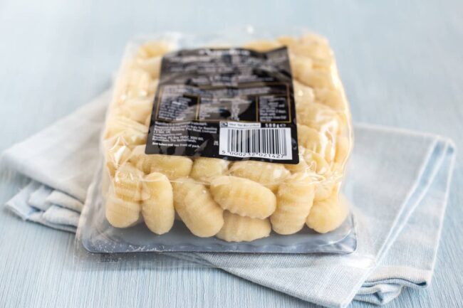 Underside of a packet of Napolina potato gnocchi.