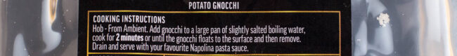 Close up of cooking instructions on a packet of potato gnocchi.