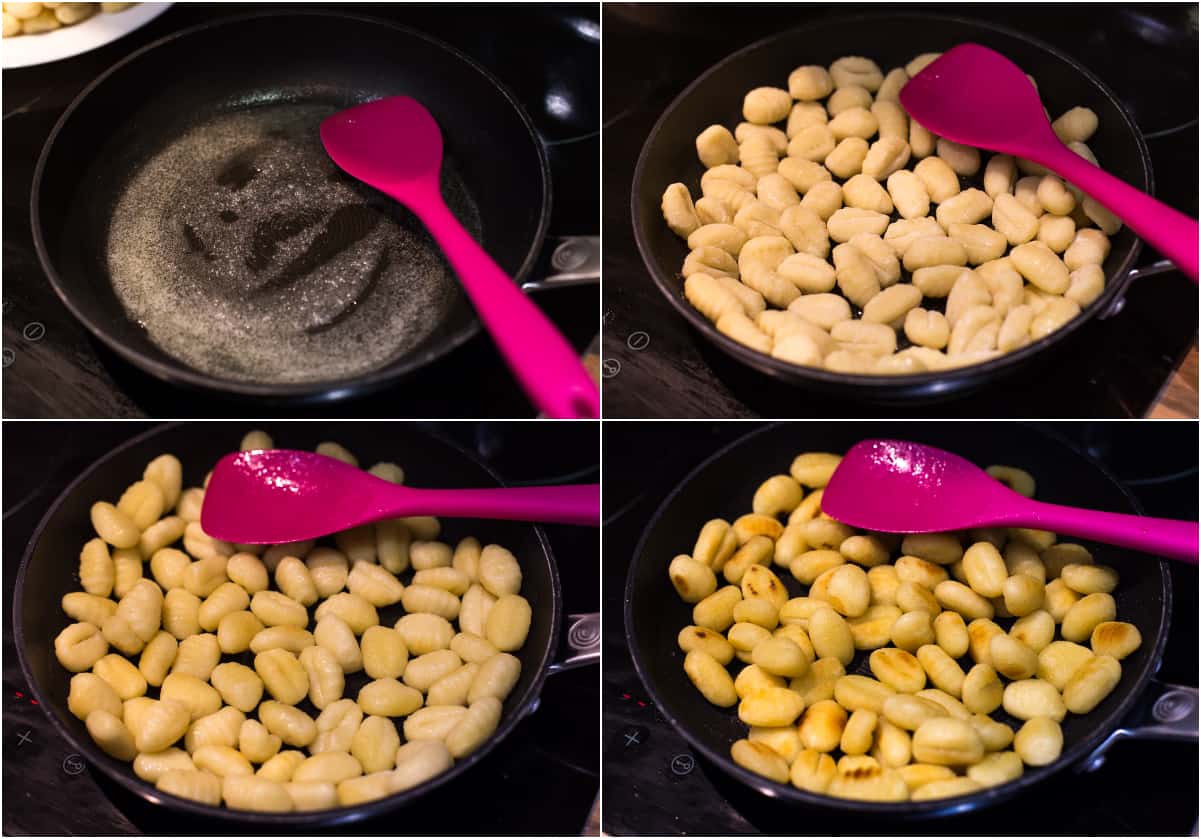 Collage showing the stages of frying gnocchi in a pan.