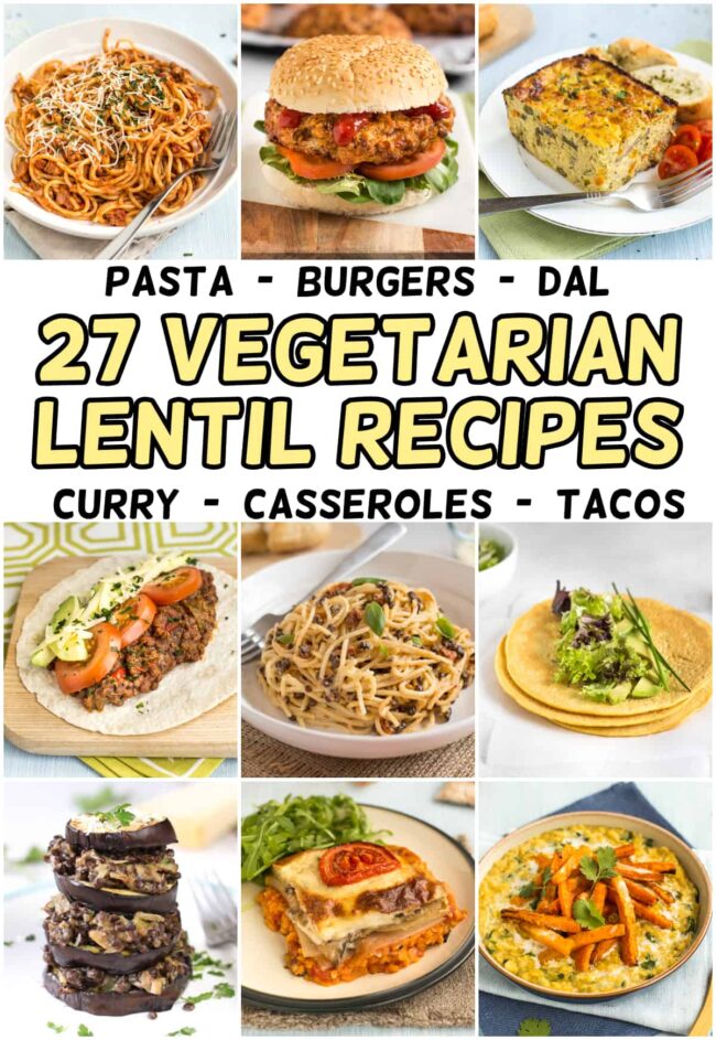 Collage of vegetarian lentil recipes.